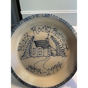 Vintage Eldreth Pottery Salt Glaze Blue Gray Pie Dish “Black Rock Retreat"